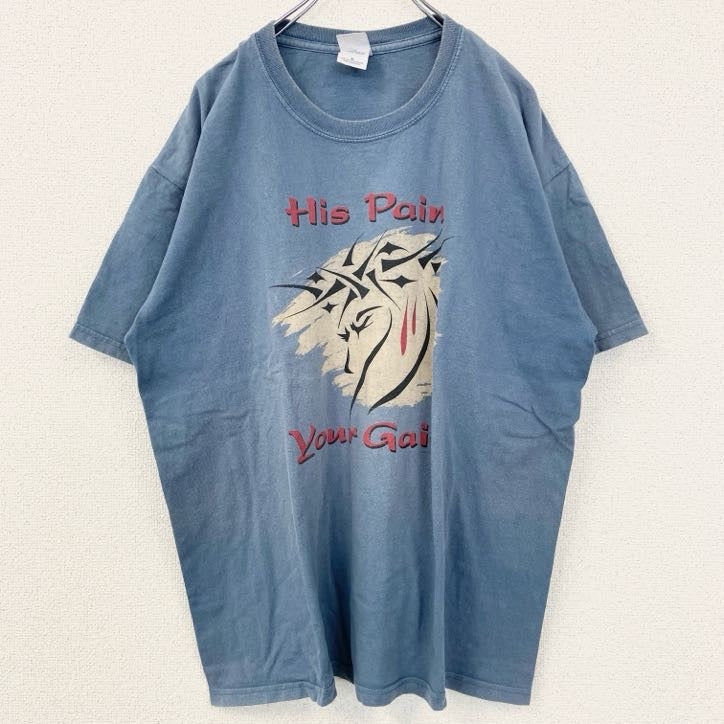 古着 used　GILDAN　ギルダン 半袖プリントTシャツ　メッセージ　オーバーサイズ　レトロ　青　ブルー　XLサイズ