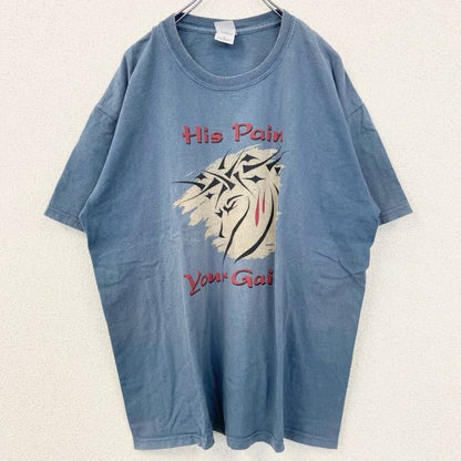 古着 used　GILDAN　ギルダン 半袖プリントTシャツ　メッセージ　オーバーサイズ　レトロ　青　ブルー　XLサイズ