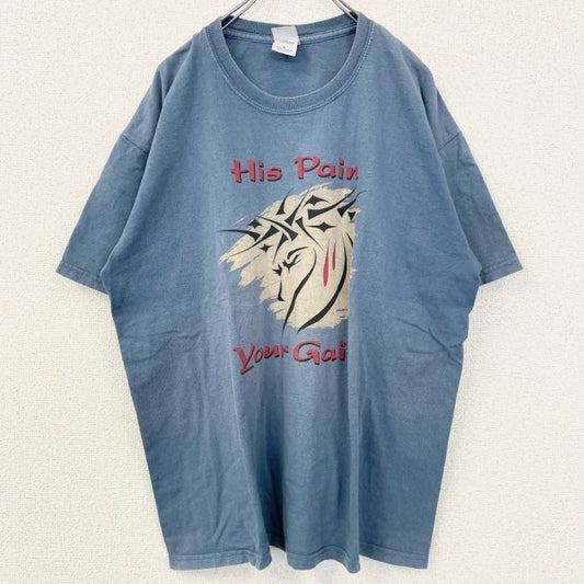 古着 used　GILDAN　ギルダン 半袖プリントTシャツ　メッセージ　オーバーサイズ　レトロ　青　ブルー　XLサイズ