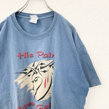 古着 used　GILDAN　ギルダン 半袖プリントTシャツ　メッセージ　オーバーサイズ　レトロ　青　ブルー　XLサイズ