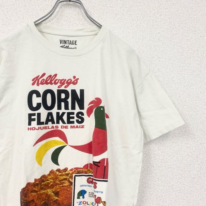 古着 used　Kellogs　ケロッグ　半袖プリントTシャツ　VINTAGE　レトロデザイン　コーンフレーク　白　Sサイズ