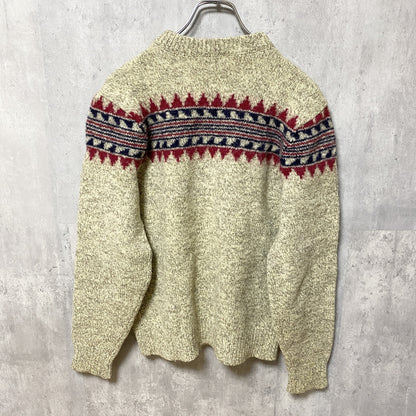 古着　used　長袖デザインニット　厚手セーター　ノルディック柄　クルーネック　レトロデザイン　ベージュ　Sサイズ