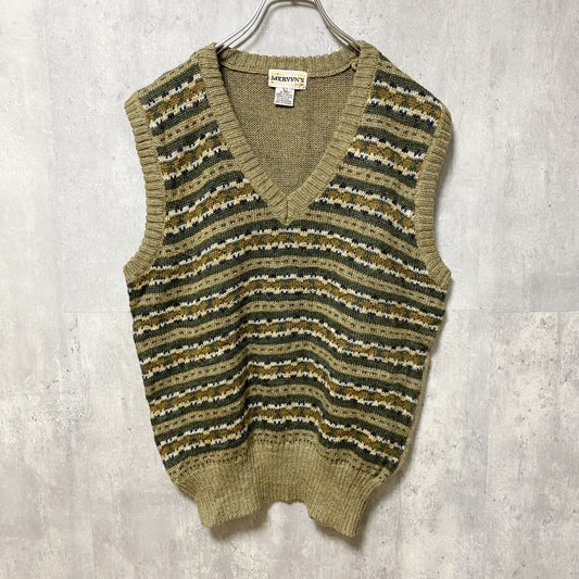 ～90s　MERVYN’S　総柄アクリルニットベスト　Vネック　フェアアイル　ヴィンテージ　秋冬服　Lサイズ
