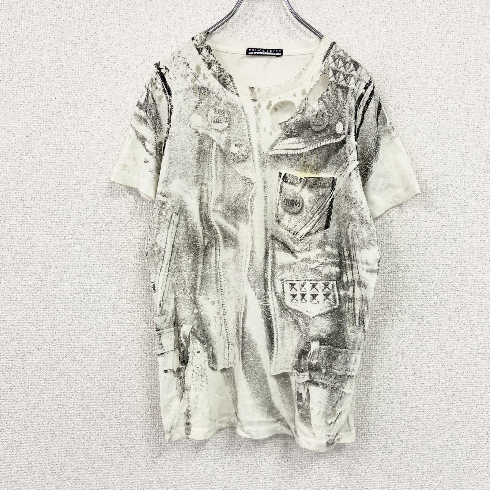 PRINCE PETER　プリンスピーター　半袖プリントTシャツ　だまし絵　ダメージ加工　シングルステッチ　白　ホワイト