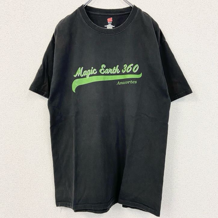 古着 used　Hanes　ヘインズ　半袖プリントTシャツ　MUSIC　EARTH　360　ロゴ　黒　ブラック　Lサイズ