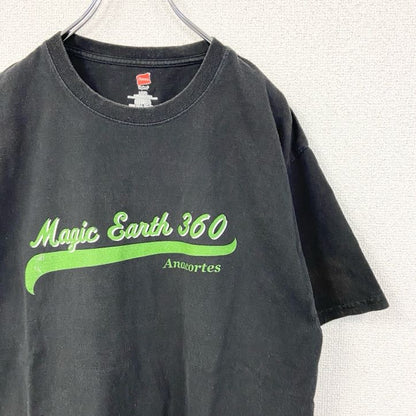 古着 used　Hanes　ヘインズ　半袖プリントTシャツ　MUSIC　EARTH　360　ロゴ　黒　ブラック　Lサイズ