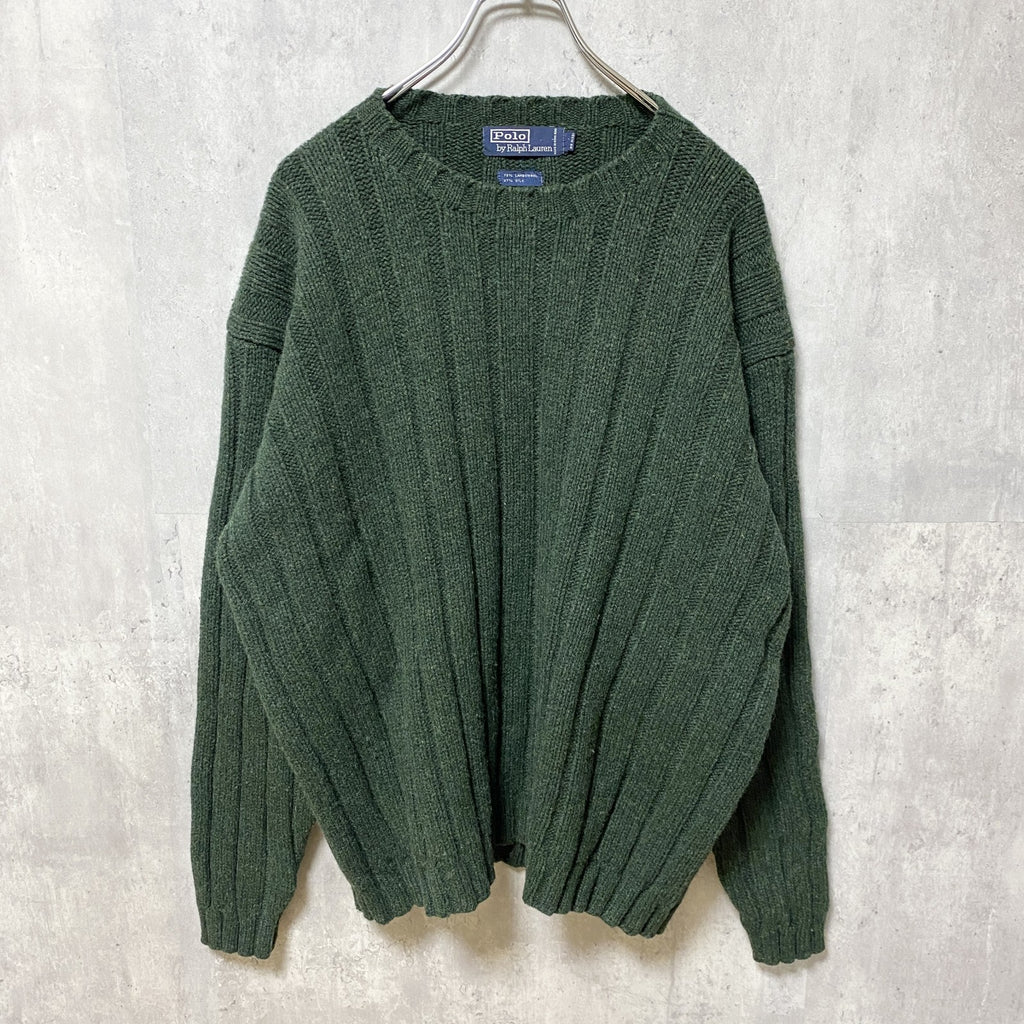 古着　used　Polo by Ralph Lauren　長袖厚手無地ニット　セーター　ラムウール　グリーン　XLサイズ