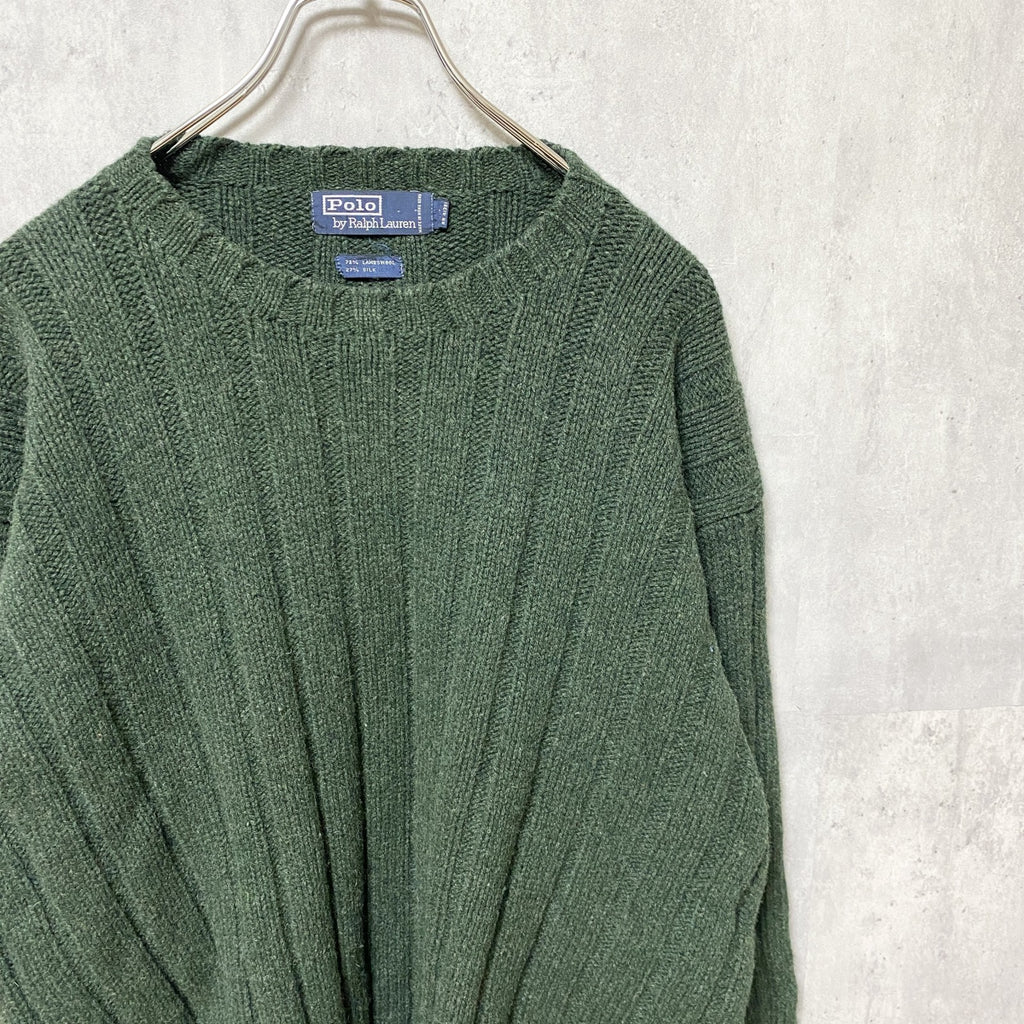 古着　used　Polo by Ralph Lauren　長袖厚手無地ニット　セーター　ラムウール　グリーン　XLサイズ