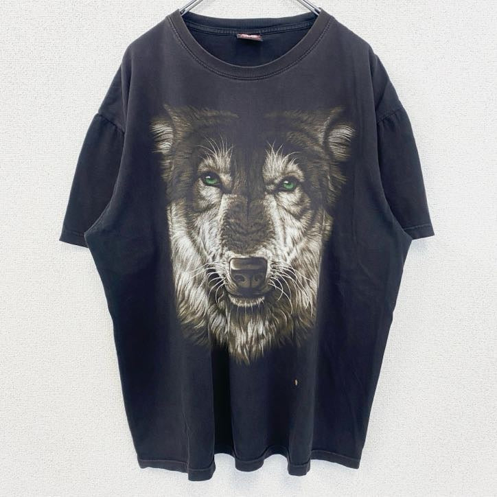 古着 used　HOT ROCK　ホットロック　半袖アニマル両面プリントTシャツ　狼　ウルフ　黒　ブラック　XLサイズ
