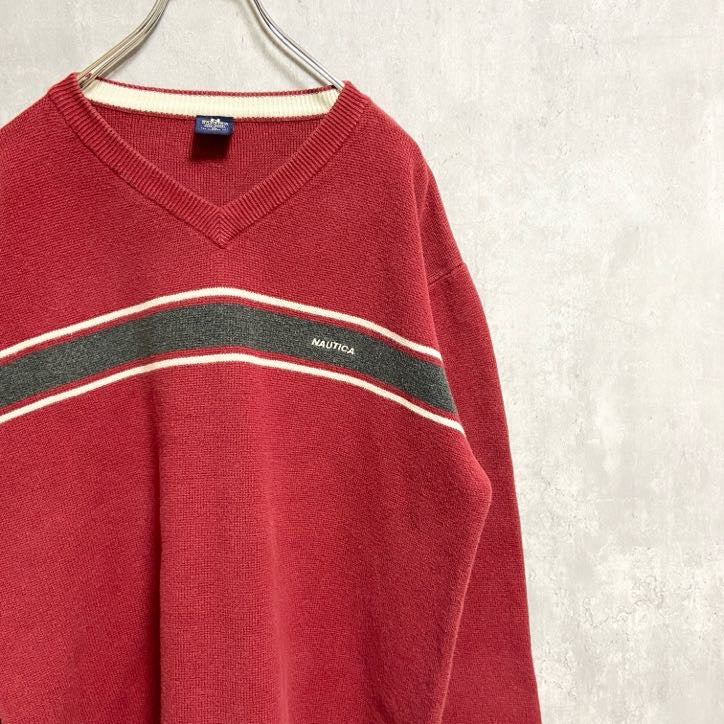 古着 used　NAUTICA　ノーティカ　長袖Vネックニット　セーター　ワンポイントロゴ刺　赤　オーバーサイズ　XLサイズ