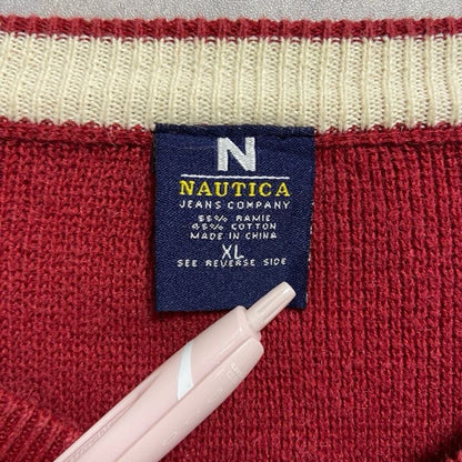 古着 used　NAUTICA　ノーティカ　長袖Vネックニット　セーター　ワンポイントロゴ刺　赤　オーバーサイズ　XLサイズ