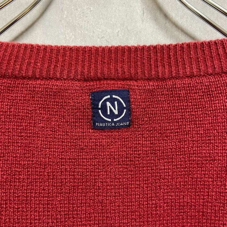 古着 used　NAUTICA　ノーティカ　長袖Vネックニット　セーター　ワンポイントロゴ刺　赤　オーバーサイズ　XLサイズ