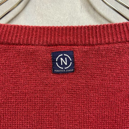 古着 used　NAUTICA　ノーティカ　長袖Vネックニット　セーター　ワンポイントロゴ刺　赤　オーバーサイズ　XLサイズ