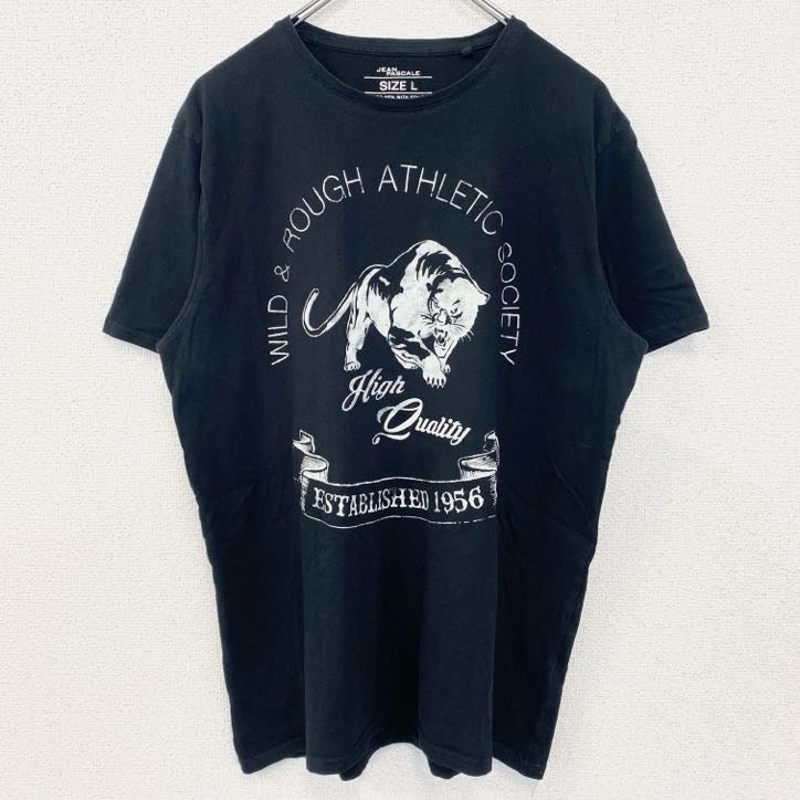 古着 used　JEAN PASCALE　半袖アニマルデザインプリントTシャツ　ライオン　動物　黒　ブラック　Lサイズ