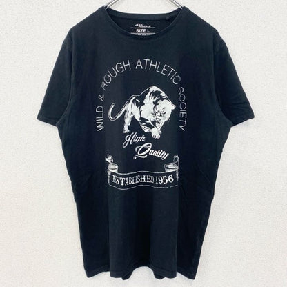 古着 used　JEAN PASCALE　半袖アニマルデザインプリントTシャツ　ライオン　動物　黒　ブラック　Lサイズ