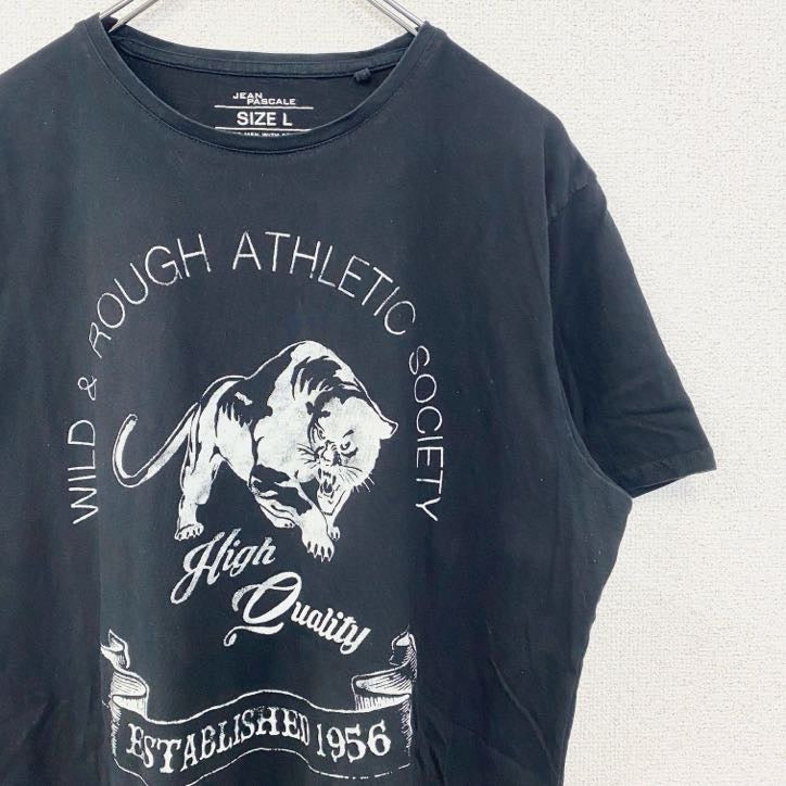 古着 used　JEAN PASCALE　半袖アニマルデザインプリントTシャツ　ライオン　動物　黒　ブラック　Lサイズ