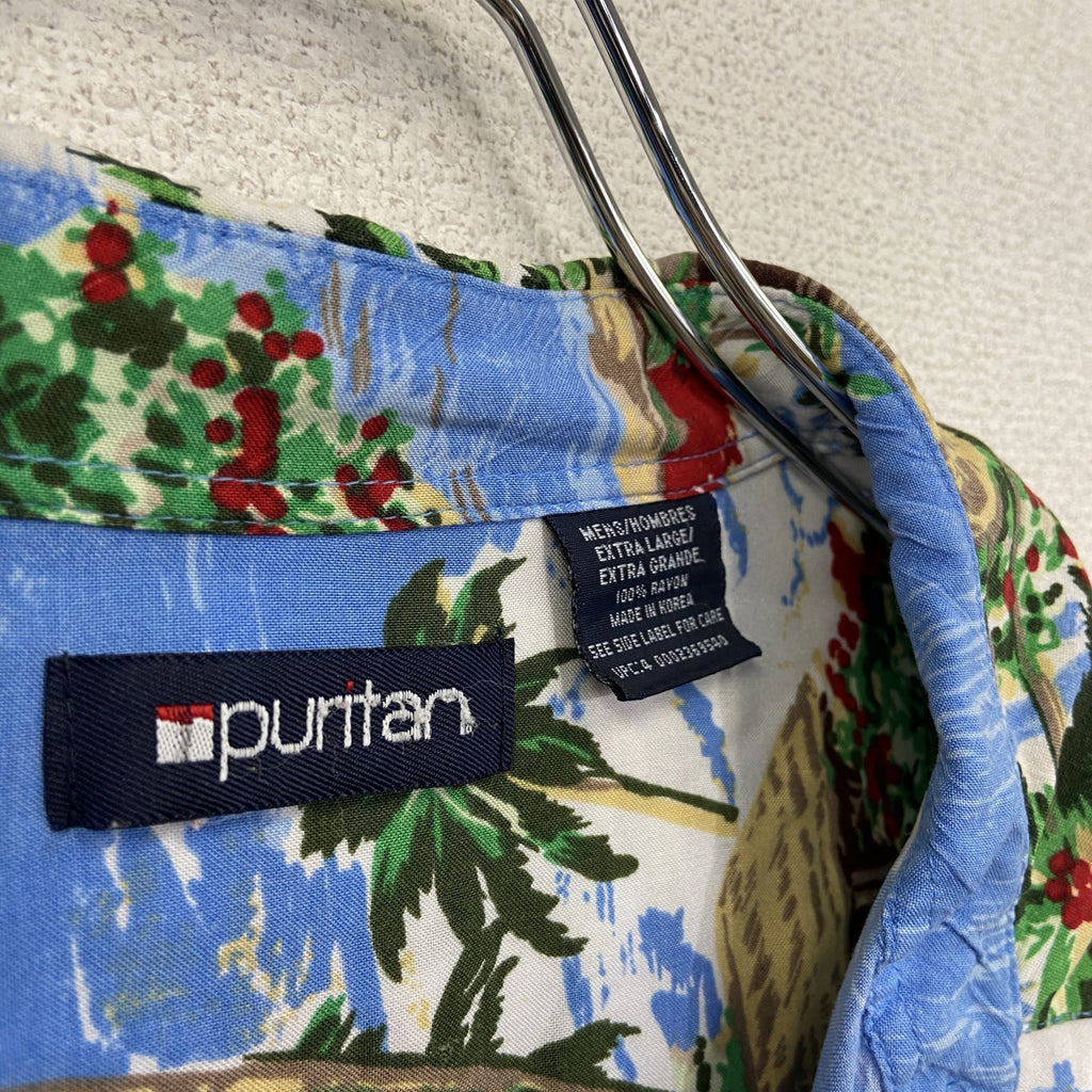 90s　puritan　アロハシャツ　半袖ボックスシャツ　ヴィンテージ　総柄　青　ブルー　Lサイズ
