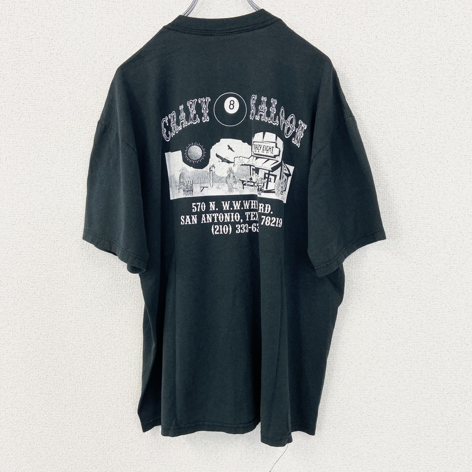 古着 used　JERZEES ジャージーズ　半袖ビッグプリントTシャツ　CRAZY SALOON　クルーネック　深緑　Lサイズ