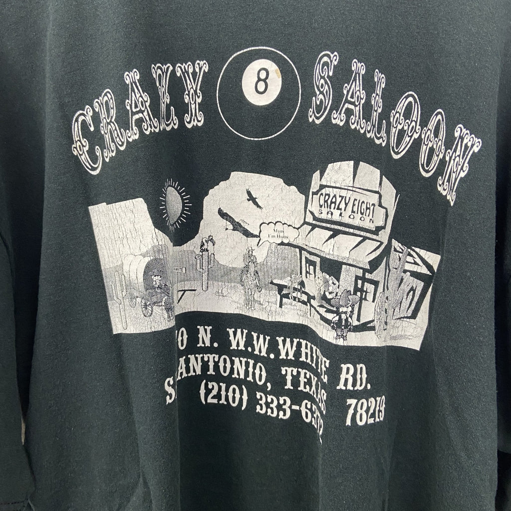 古着 used　JERZEES ジャージーズ　半袖ビッグプリントTシャツ　CRAZY SALOON　クルーネック　深緑　Lサイズ