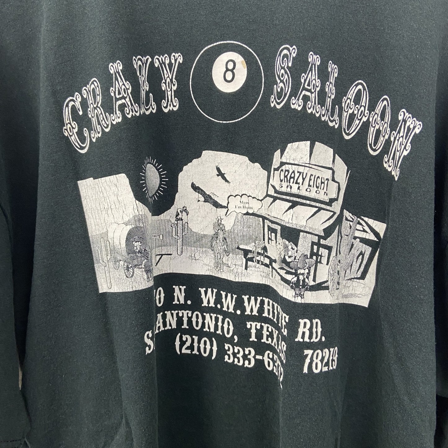 古着 used　JERZEES ジャージーズ　半袖ビッグプリントTシャツ　CRAZY SALOON　クルーネック　深緑　Lサイズ