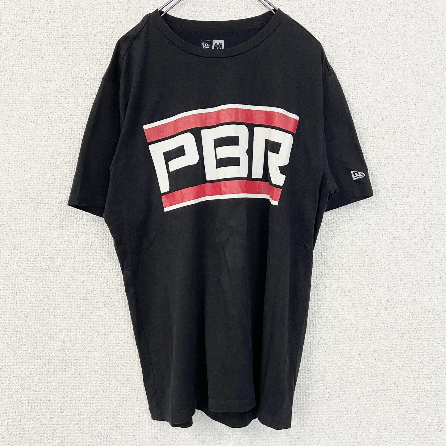 古着 used　NEW ERA ニューエラ　半袖ビッグプリントTシャツ　PBR　カジュアルデザイン　クルーネック　黒　Lサイズ