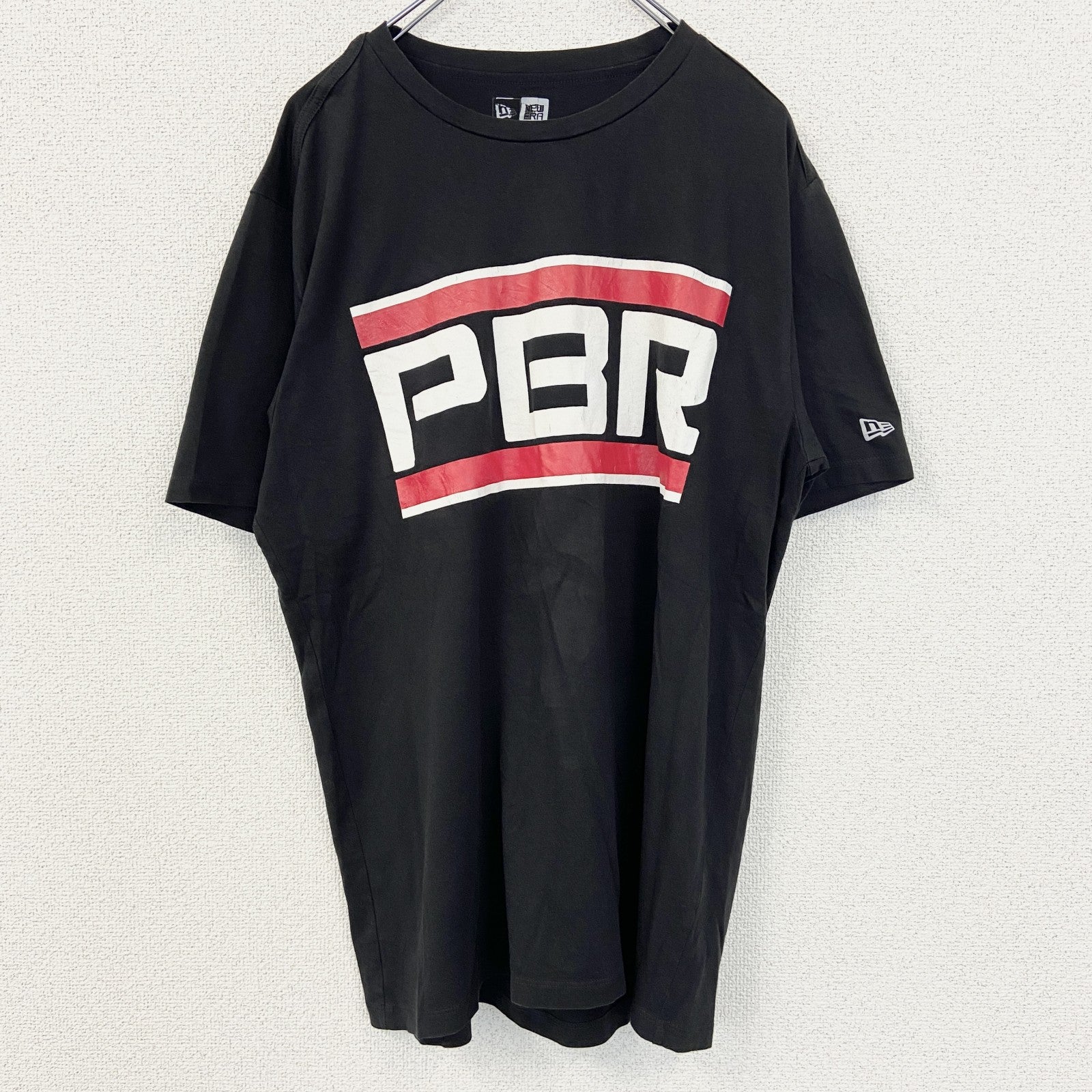 古着 used　NEW ERA ニューエラ　半袖ビッグプリントTシャツ　PBR　カジュアルデザイン　クルーネック　黒　Lサイズ