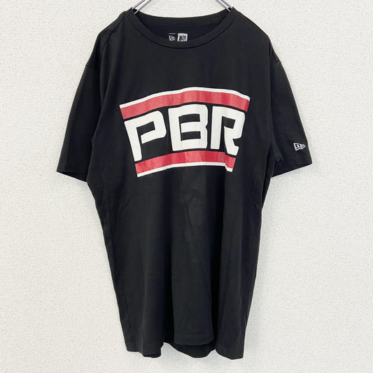 古着 used　NEW ERA ニューエラ　半袖ビッグプリントTシャツ　PBR　カジュアルデザイン　クルーネック　黒　Lサイズ
