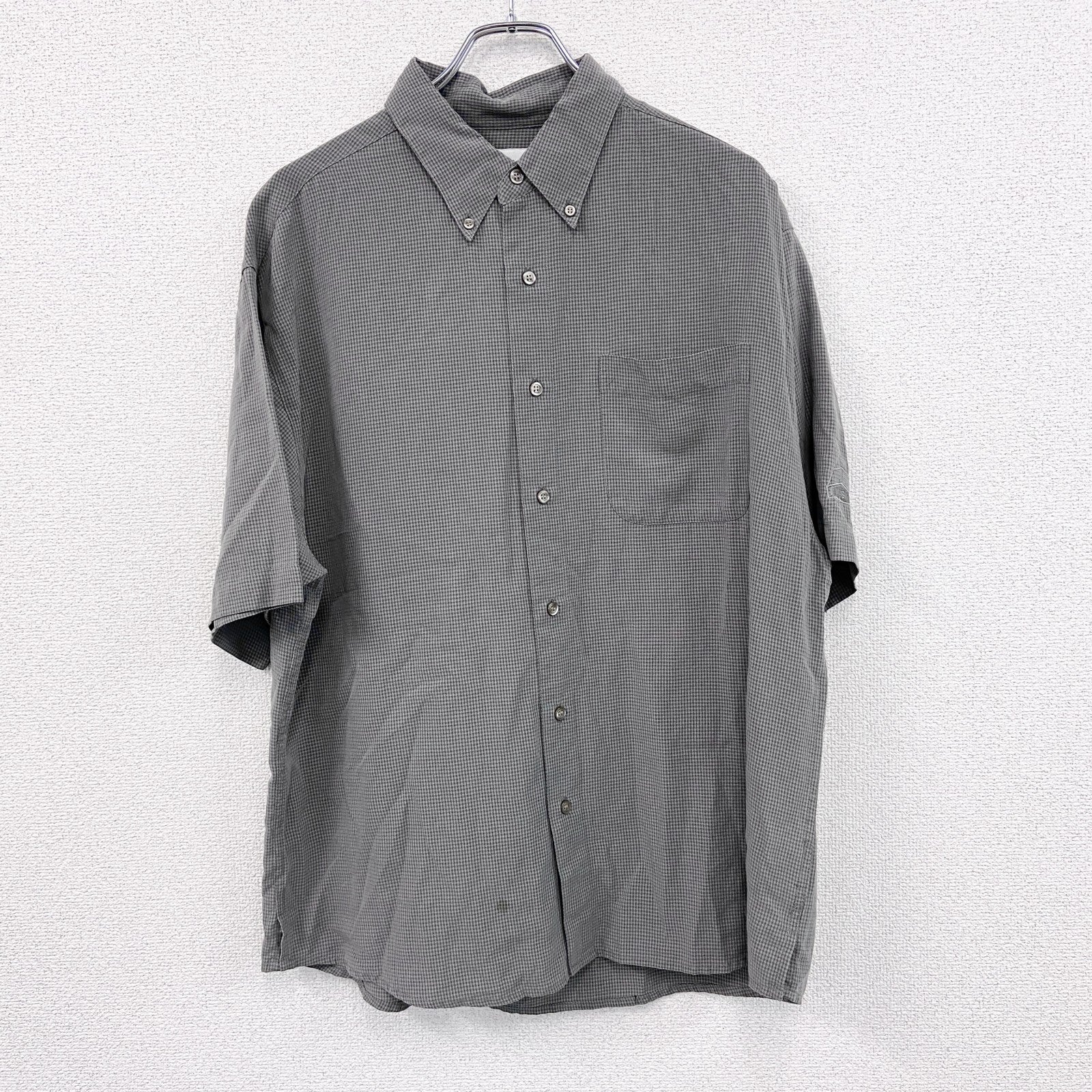 90s～　Tri-Mountain　半袖ボタンダウンシャツ　柄シャツ　チェック柄　総柄　灰色　グレー　Lサイズ