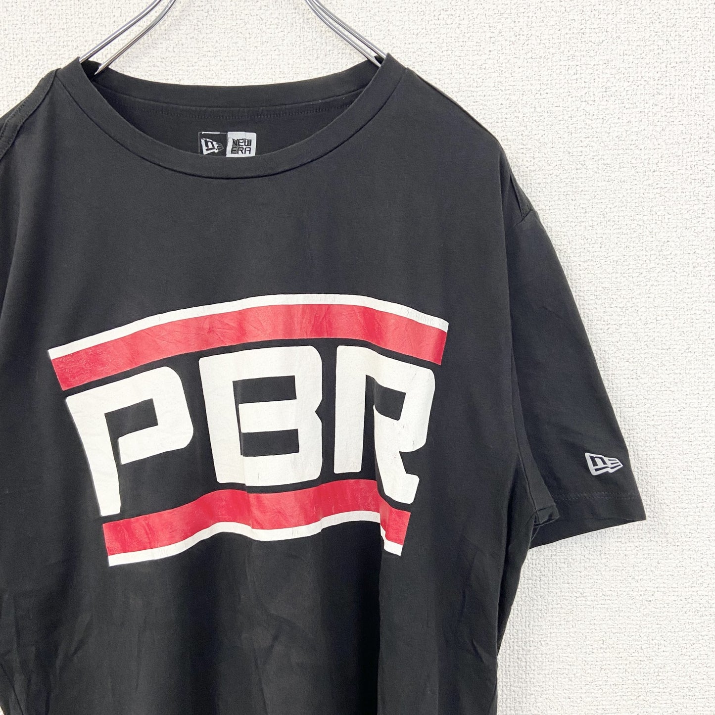 古着 used　NEW ERA ニューエラ　半袖ビッグプリントTシャツ　PBR　カジュアルデザイン　クルーネック　黒　Lサイズ