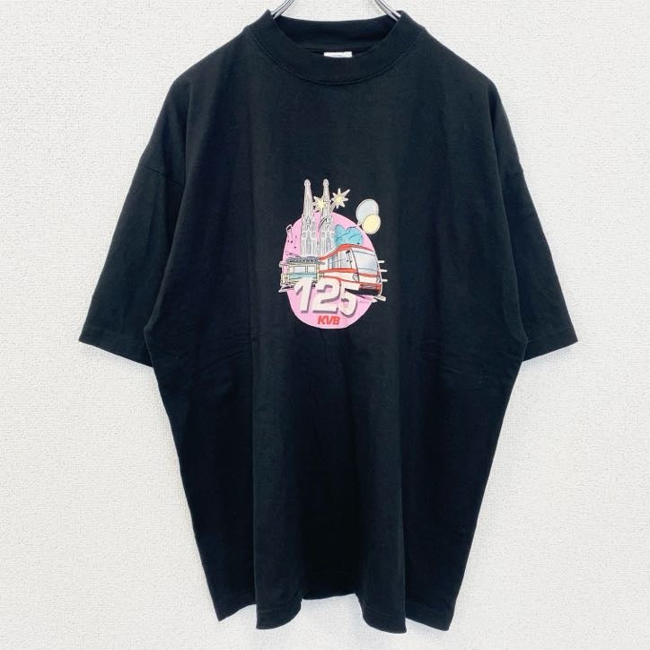 古着 used　Hanes　ヘインズ　半袖デザインプリントTシャツ　クルーネック　電車　黒　ブラック　春夏服　XLサイズ