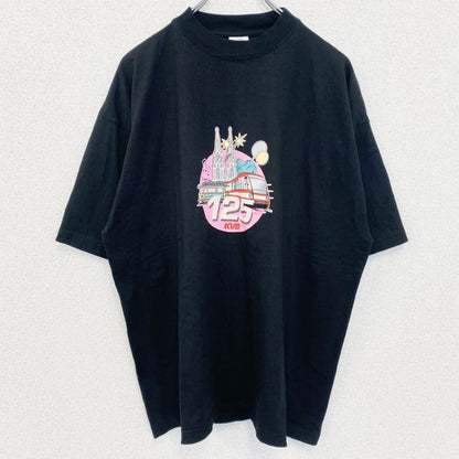 古着 used　Hanes　ヘインズ　半袖デザインプリントTシャツ　クルーネック　電車　黒　ブラック　春夏服　XLサイズ