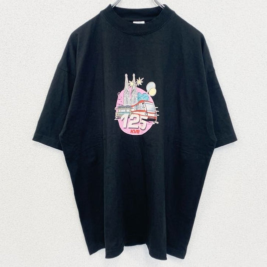 古着 used　Hanes　ヘインズ　半袖デザインプリントTシャツ　クルーネック　電車　黒　ブラック　春夏服　XLサイズ