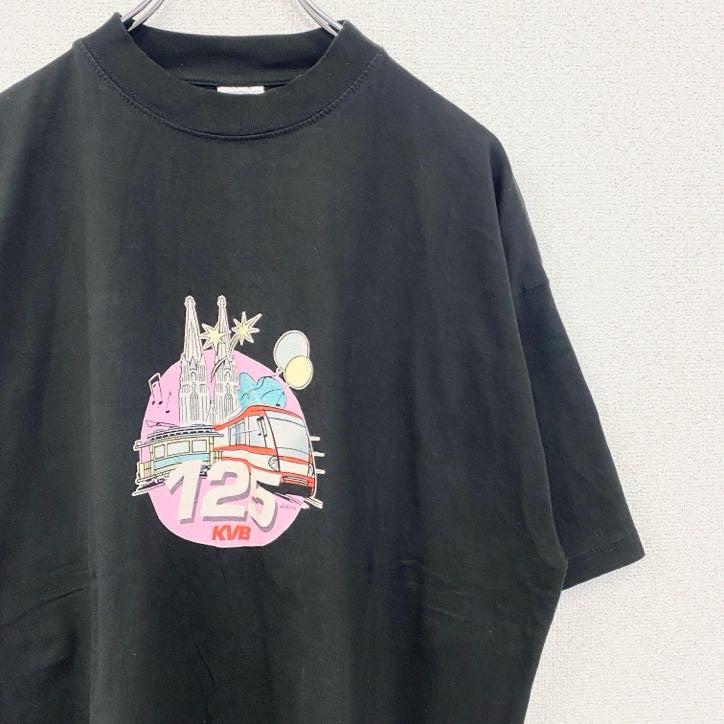 古着 used　Hanes　ヘインズ　半袖デザインプリントTシャツ　クルーネック　電車　黒　ブラック　春夏服　XLサイズ