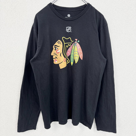 古着 used　NHL シカゴブラックホークス　アイスホッケー　長袖オフィシャルプリントTシャツ　ロンＴ　黒　ブラック　Ｍサイズ