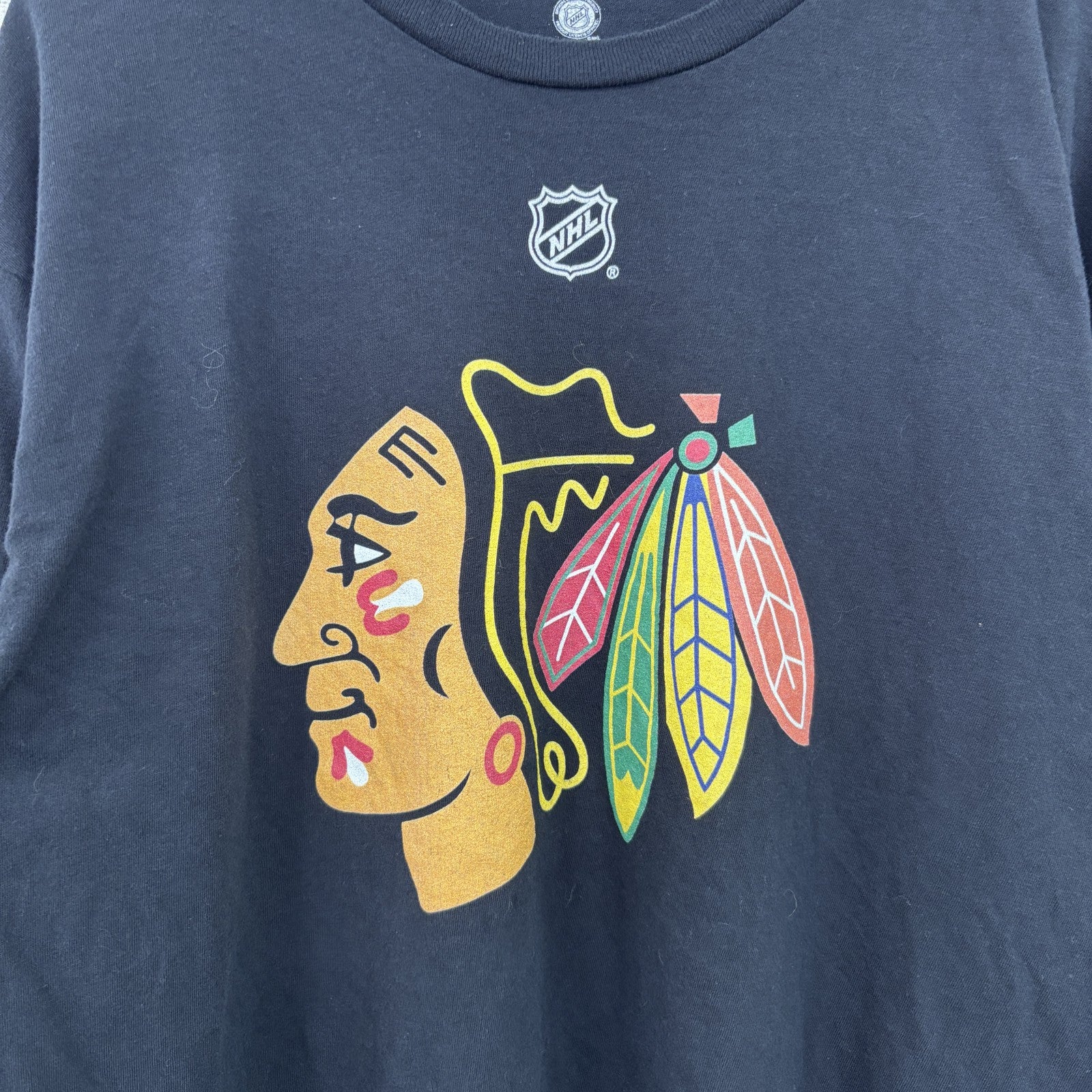 古着 used　NHL シカゴブラックホークス　アイスホッケー　長袖オフィシャルプリントTシャツ　ロンＴ　黒　ブラック　Ｍサイズ