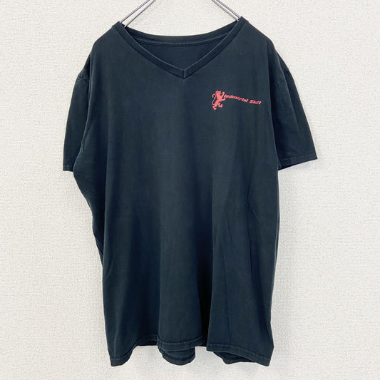 古着 used　ノーブランド　半袖プリントTシャツ　Vネック　industrial shaft　カジュアルデザイン　黒　Mサイズ
