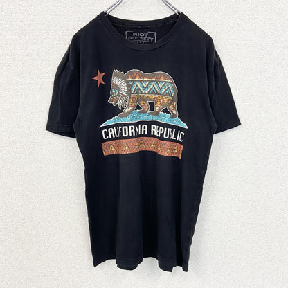 古着 used　RIOT SOCIETY　半袖プリントTシャツ　クルーネック　エスニックデザイン　黒　ブラック　レトロ　Mサイズ