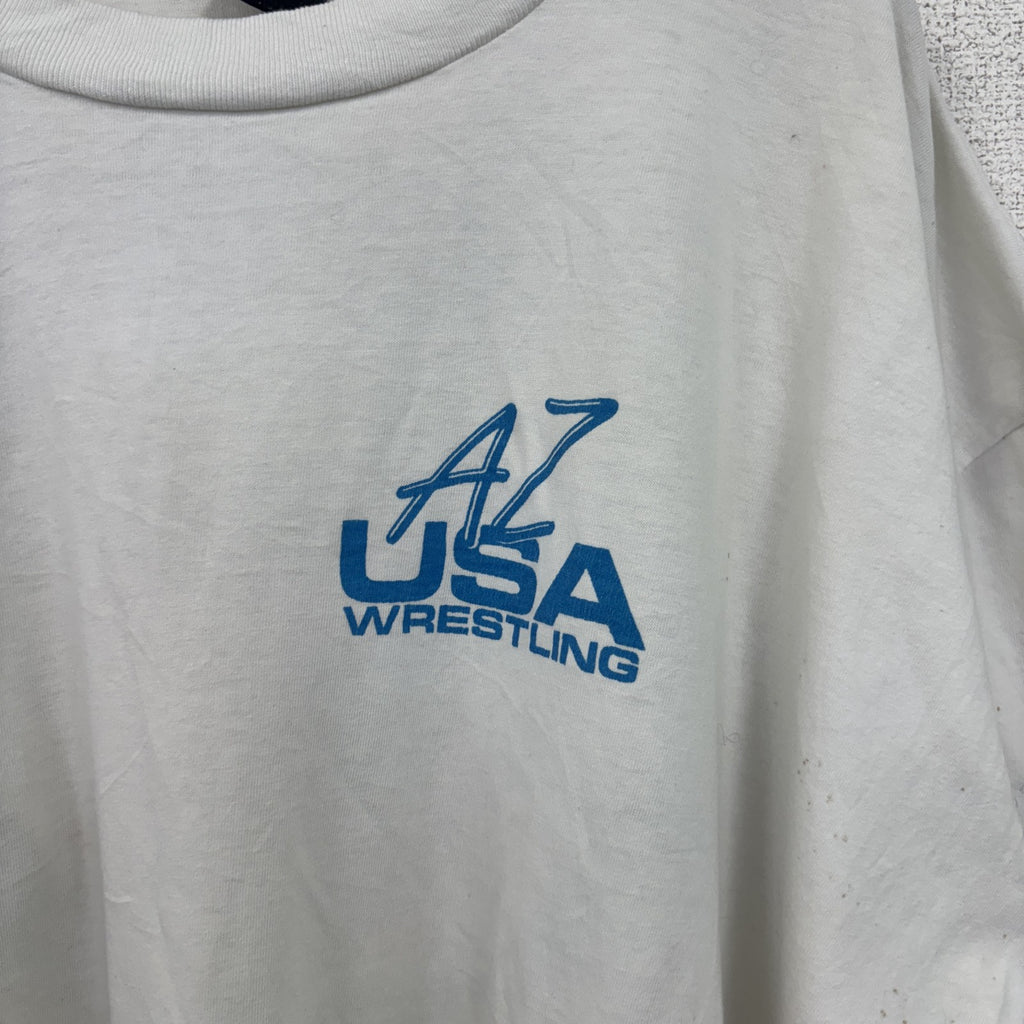 古着 used　90s　半袖ワンポイントTシャツ　バックプリント　シングルステッチ　ヴィンテージ　白　2XLサイズ