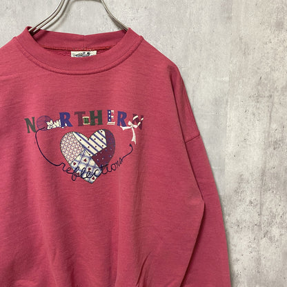 古着 used　NORTHERN　長袖デザイン刺繍スウェット　トレーナー　赤　レトロ　秋冬服　クルーネック　ハート　Lサイズ