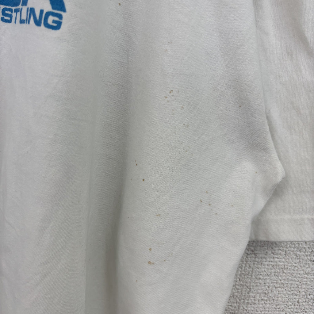 古着 used　90s　半袖ワンポイントTシャツ　バックプリント　シングルステッチ　ヴィンテージ　白　2XLサイズ