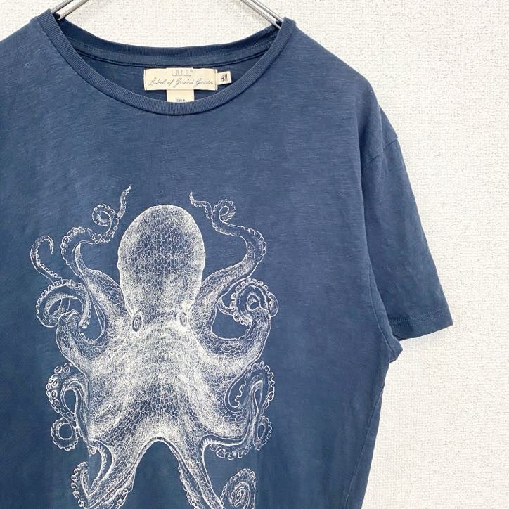 古着 used　H&M　エイチアンドエム　半袖ビッグプリントTシャツ　オクトパス　タコ　クルーネック　ネイビー　Mサイズ