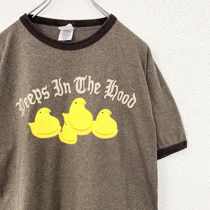 古着 used　TNT TRAU&LOEVNER　半袖プリントリンガーTシャツ　クルーネック　アヒル　メキシコ製　茶色　Mサイズ