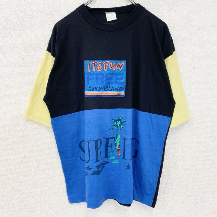 古着 used　半袖切り替えデザインTシャツ　SURFING　サーフィン　黒　青　黄色　シングルステッチ　90s　春夏服　Lサイズ
