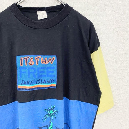 古着 used　半袖切り替えデザインTシャツ　SURFING　サーフィン　黒　青　黄色　シングルステッチ　90s　春夏服　Lサイズ