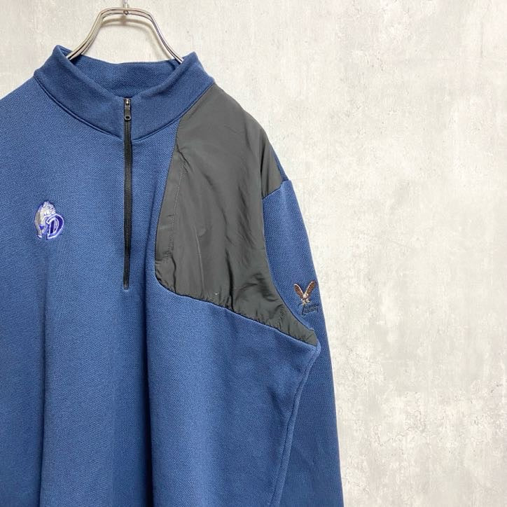古着 used　adidas　アディダス　長袖ハーフジップワンポイント刺繍スウェット　トレーナー　ブルドッグ　ネイビー　XLサイズ