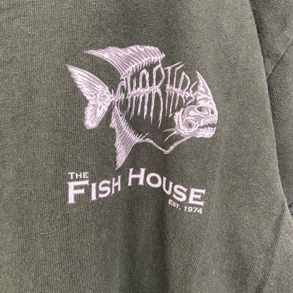 古着 used　GILDAN ギルダン　半袖プリントデザインTシャツ　クルーネック　FISH HOUSE　緑　レトロ　Sサイズ