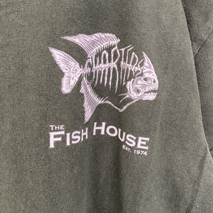 古着 used　GILDAN ギルダン　半袖プリントデザインTシャツ　クルーネック　FISH HOUSE　緑　レトロ　Sサイズ