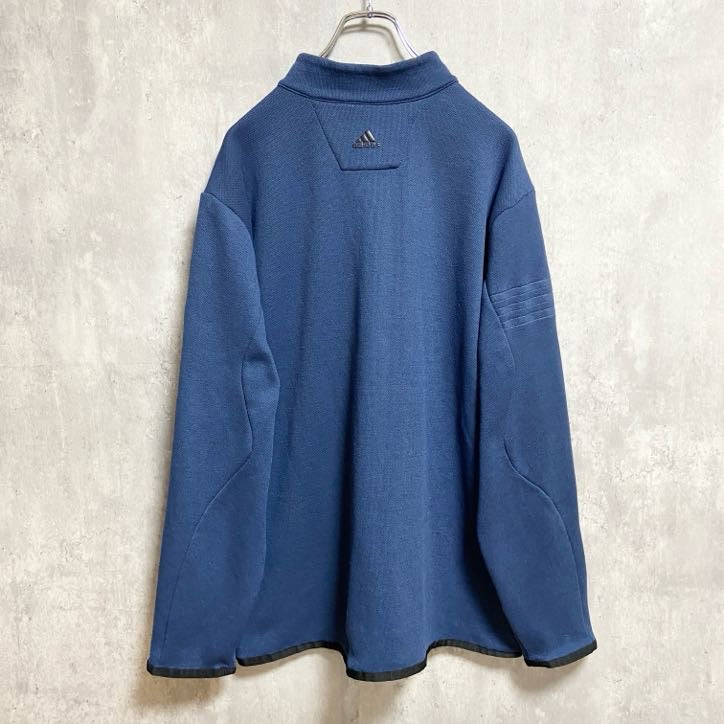古着 used　adidas　アディダス　長袖ハーフジップワンポイント刺繍スウェット　トレーナー　ブルドッグ　ネイビー　XLサイズ