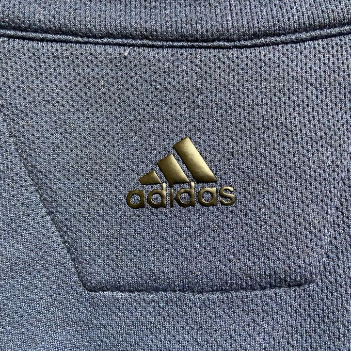 古着 used　adidas　アディダス　長袖ハーフジップワンポイント刺繍スウェット　トレーナー　ブルドッグ　ネイビー　XLサイズ