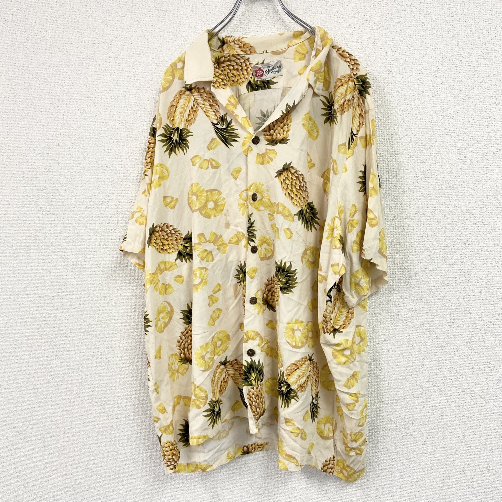 90s～　Hilo Hattie　ヒロッティ　HAWAIIAN　ハワイアン　半袖開襟アロハシャツ　パイナップル柄　ヴィンテージ　総柄　ベージュ